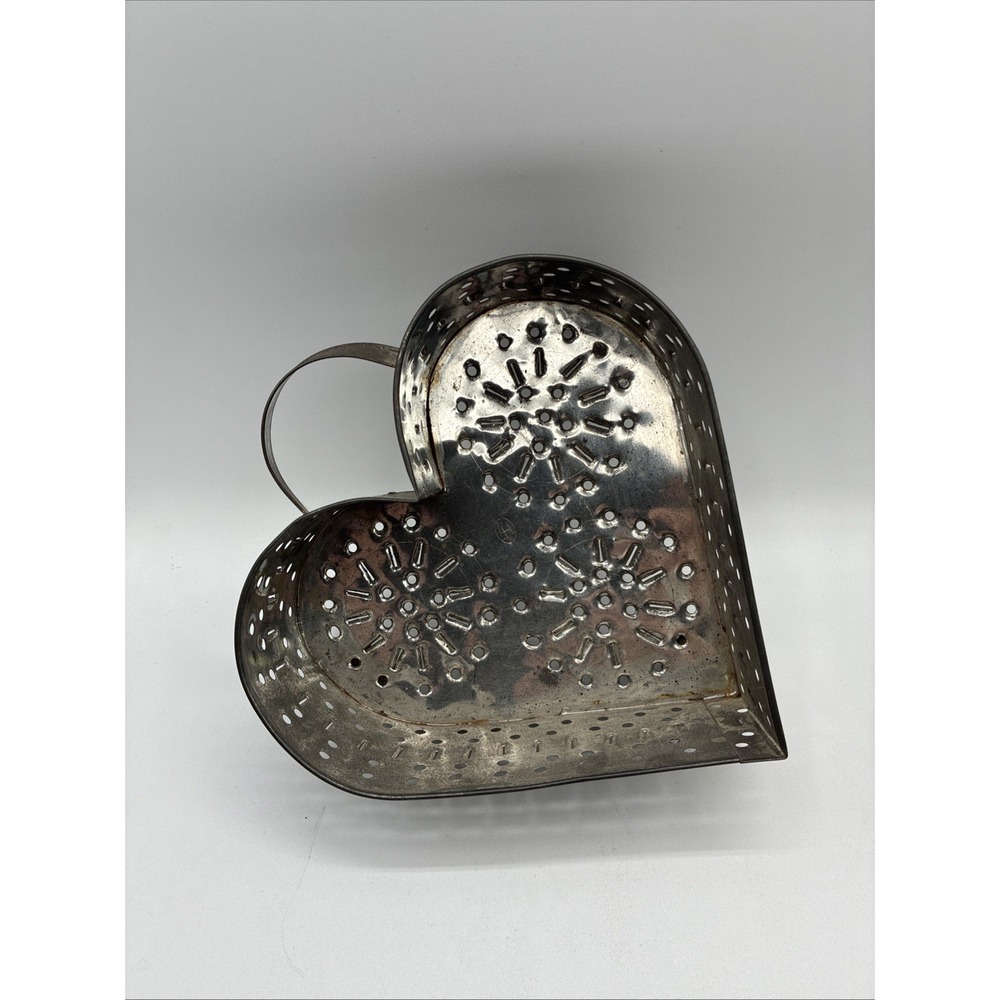 Old Primitive Punched Tin Heart Shaped Cheese Strainer Handle & Feet